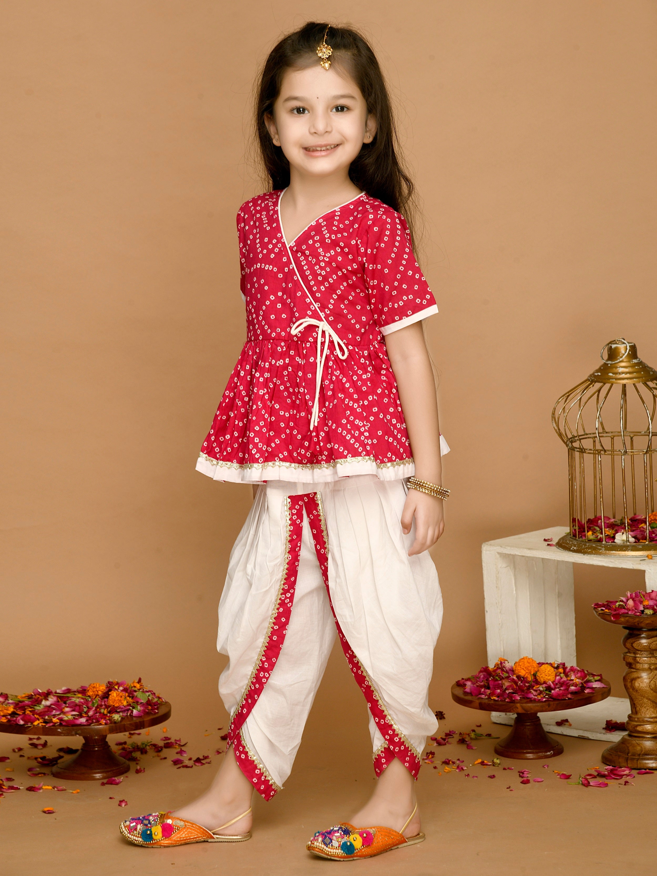 Saka Designs Bandhani Magenta & White Cotton Printed Dhoti Peplum For Girls
