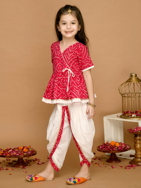 Saka Designs Bandhani Magenta & White Cotton Printed Dhoti Peplum For Girls