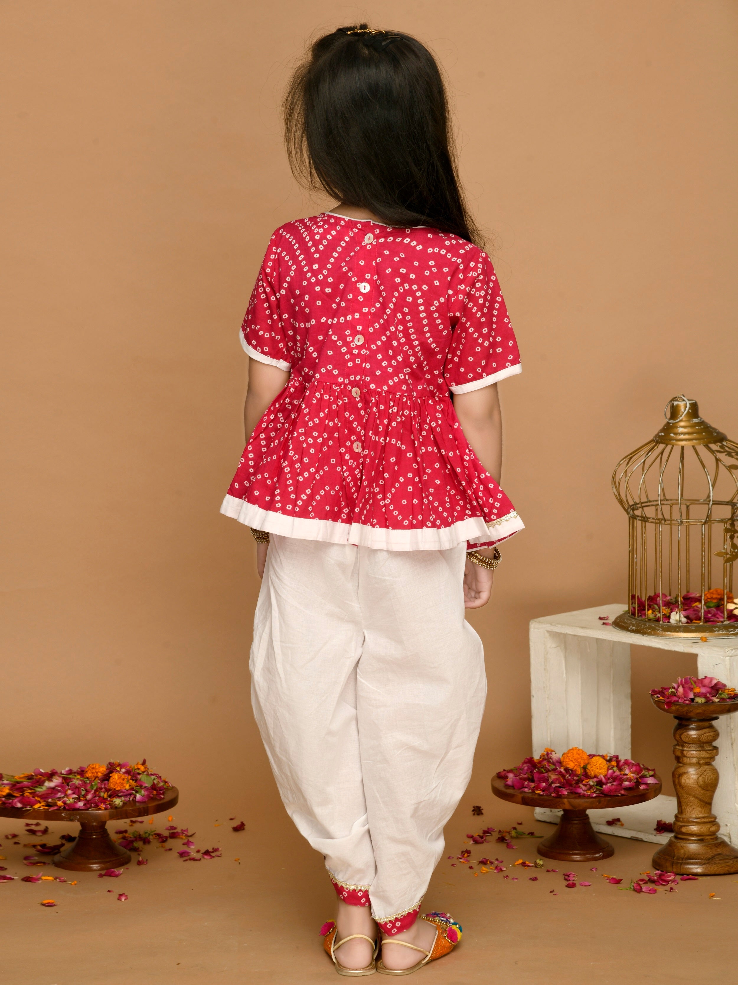 Saka Designs Bandhani Magenta & White Cotton Printed Dhoti Peplum For Girls