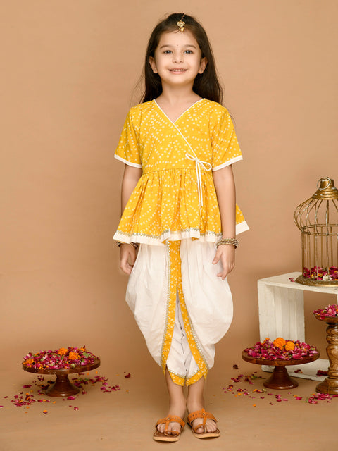 Saka Designs Bandhani Yellow & White Cotton Printed Dhoti Peplum For Girls