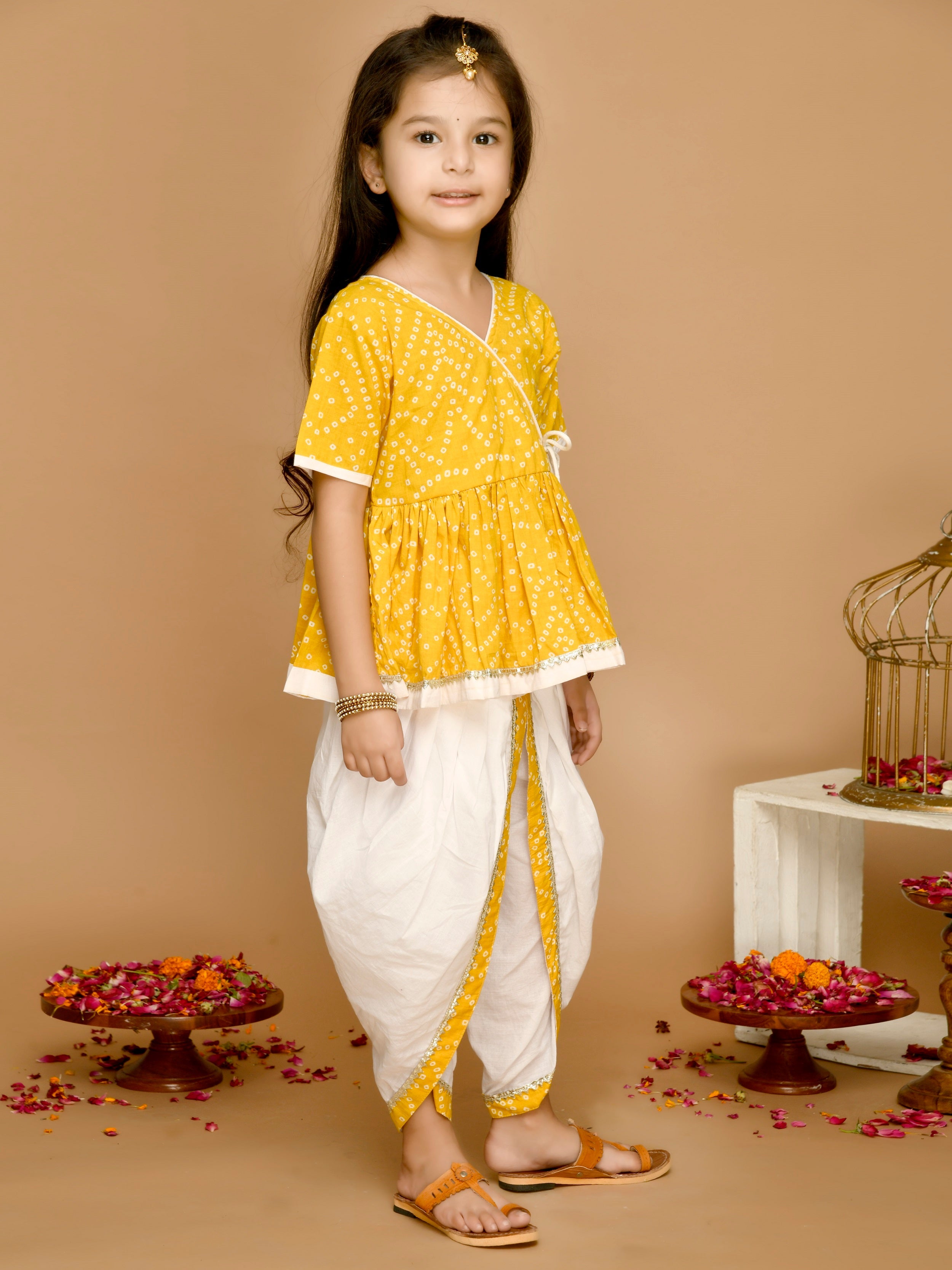 Saka Designs Bandhani Yellow & White Cotton Printed Dhoti Peplum For Girls