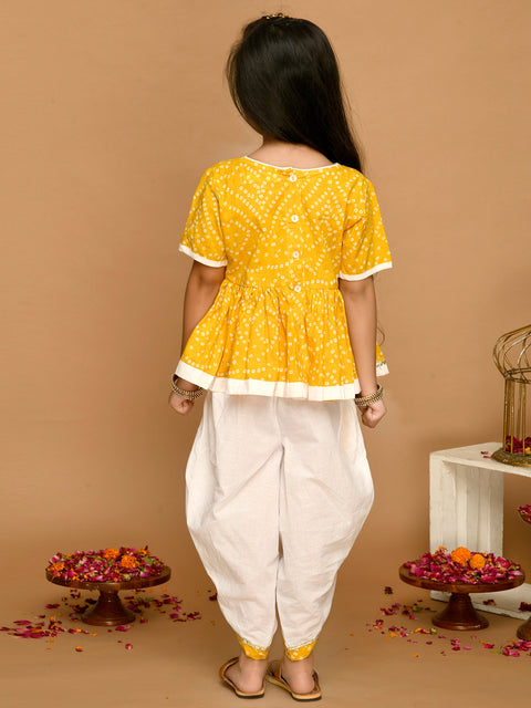 Saka Designs Bandhani Yellow & White Cotton Printed Dhoti Peplum For Girls