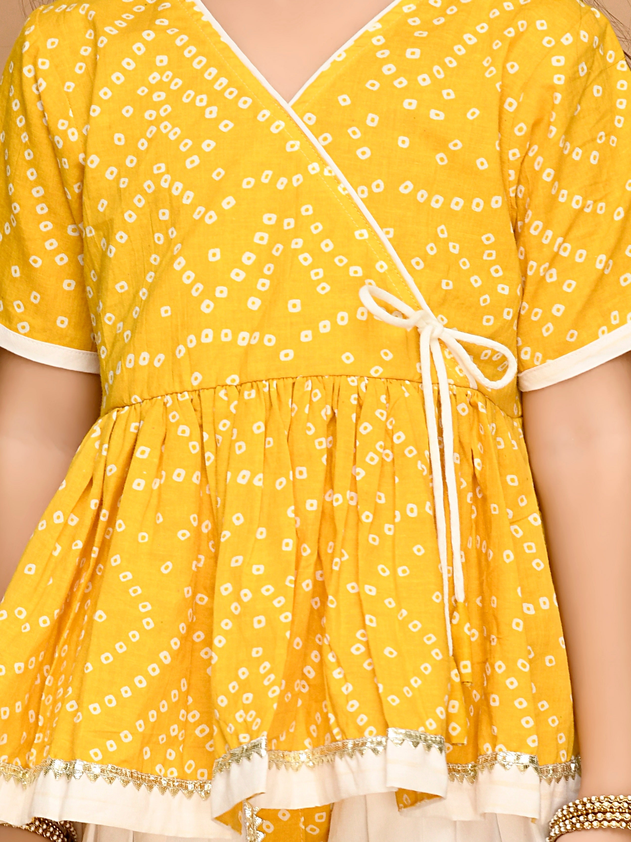 Saka Designs Bandhani Yellow & White Cotton Printed Dhoti Peplum For Girls