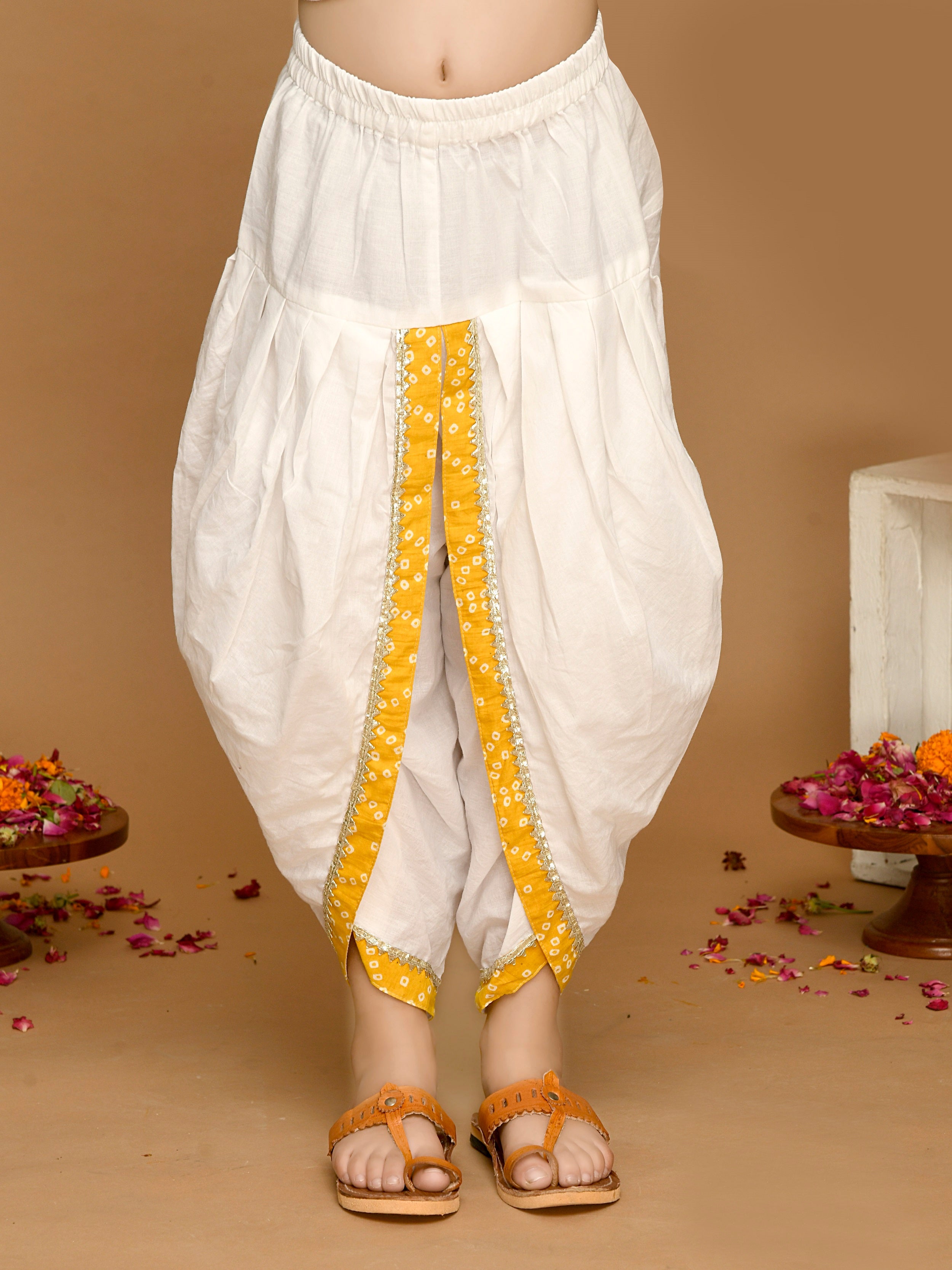 Saka Designs Bandhani Yellow & White Cotton Printed Dhoti Peplum For Girls