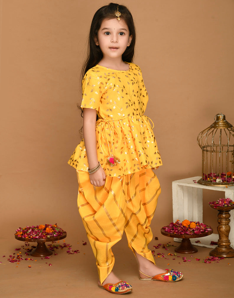 Saka Designs Yellow With Gold Print Dhoti & Jhabala