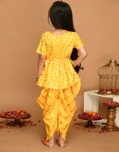 Saka Designs Yellow With Gold Print Dhoti & Jhabala