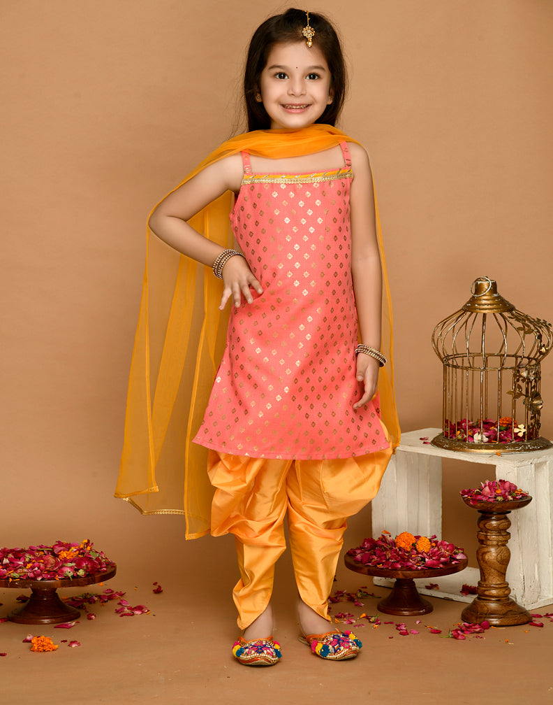 Saka Designs Peach Gold & Mustard Kurta Dhoti With Lace Work & Mesh Dupatta