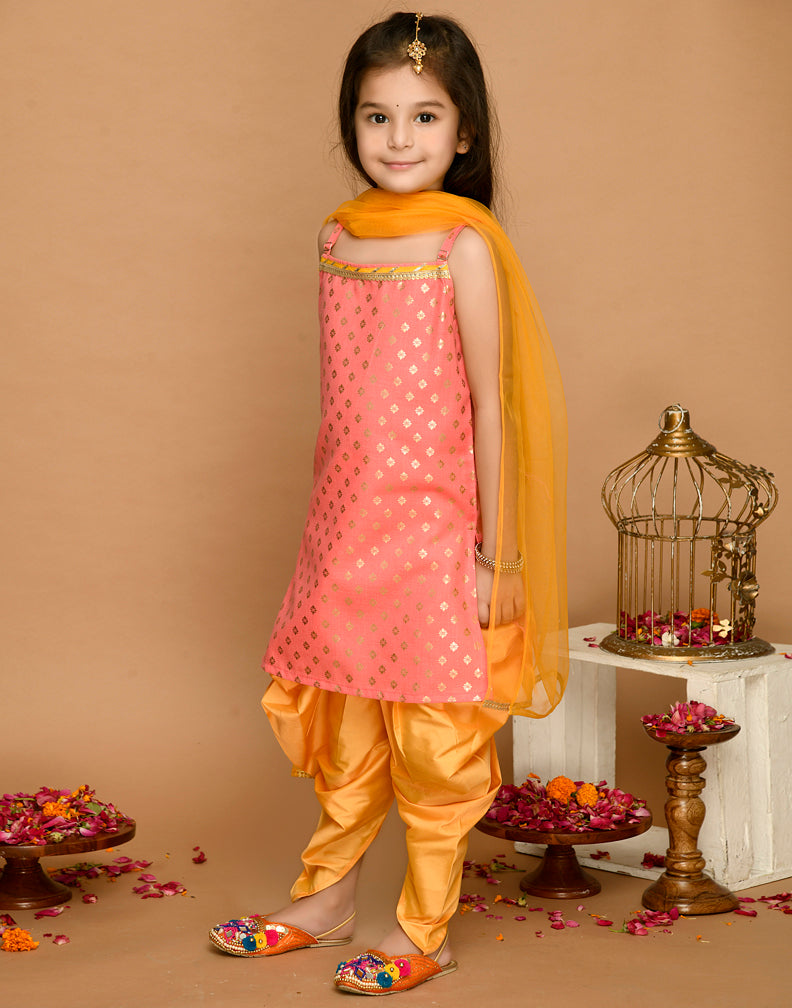 Saka Designs Peach Gold & Mustard Kurta Dhoti With Lace Work & Mesh Dupatta