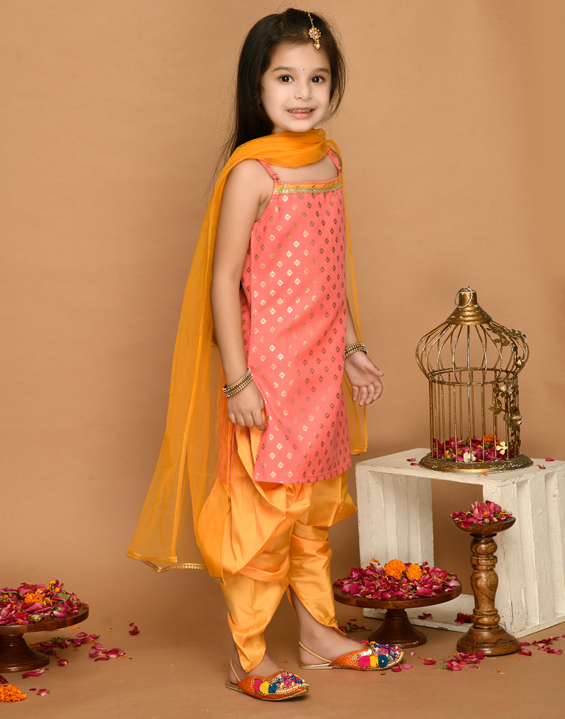 Saka Designs Peach Gold & Mustard Kurta Dhoti With Lace Work & Mesh Dupatta