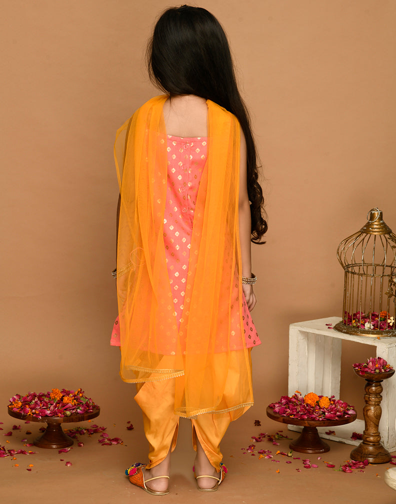 Saka Designs Peach Gold & Mustard Kurta Dhoti With Lace Work & Mesh Dupatta
