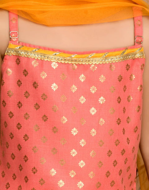 Saka Designs Peach Gold & Mustard Kurta Dhoti With Lace Work & Mesh Dupatta