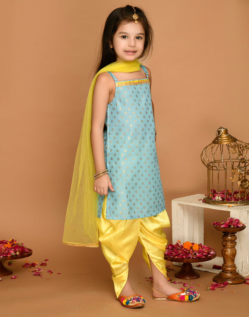 Saka Designs Sky Blue & Yellow Kurta Dhoti With Lace Work & Mesh Dupatta