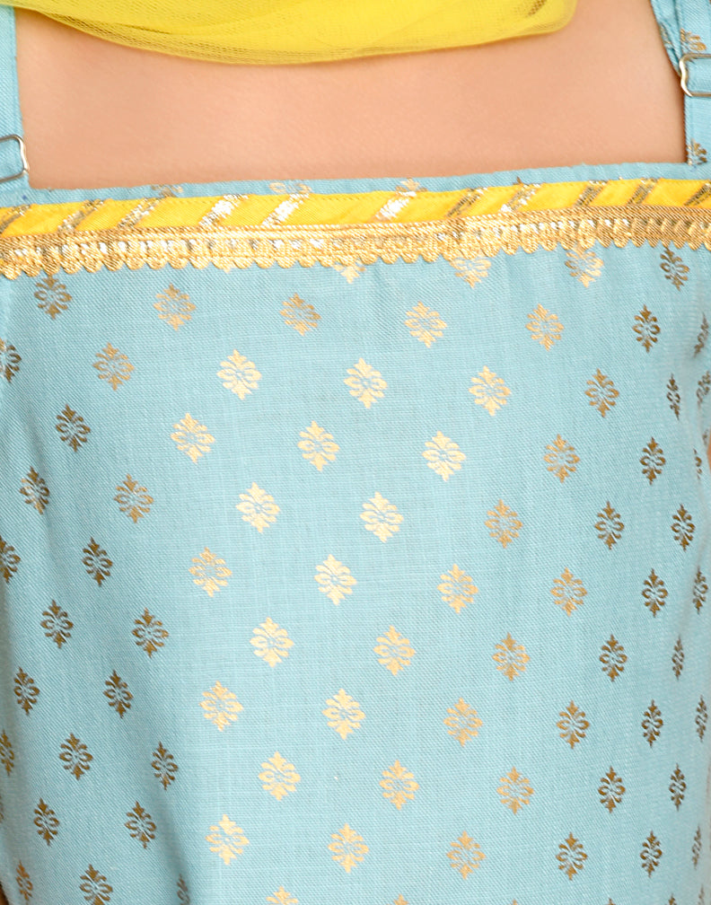 Saka Designs Sky Blue & Yellow Kurta Dhoti With Lace Work & Mesh Dupatta