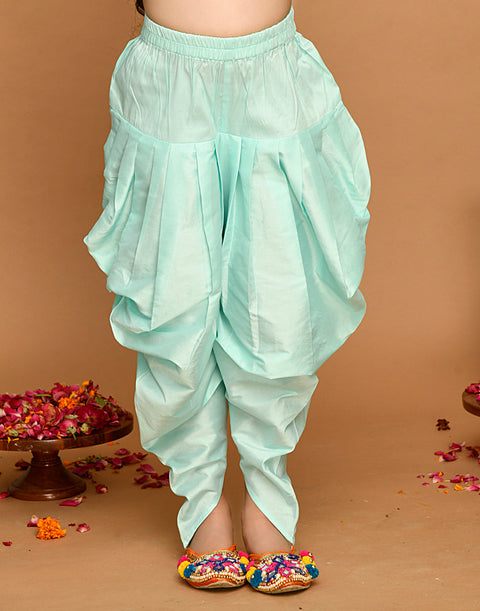 Saka Designs Peach & Light Green Kurta Dhoti With Lace Work & Mesh Dupatta