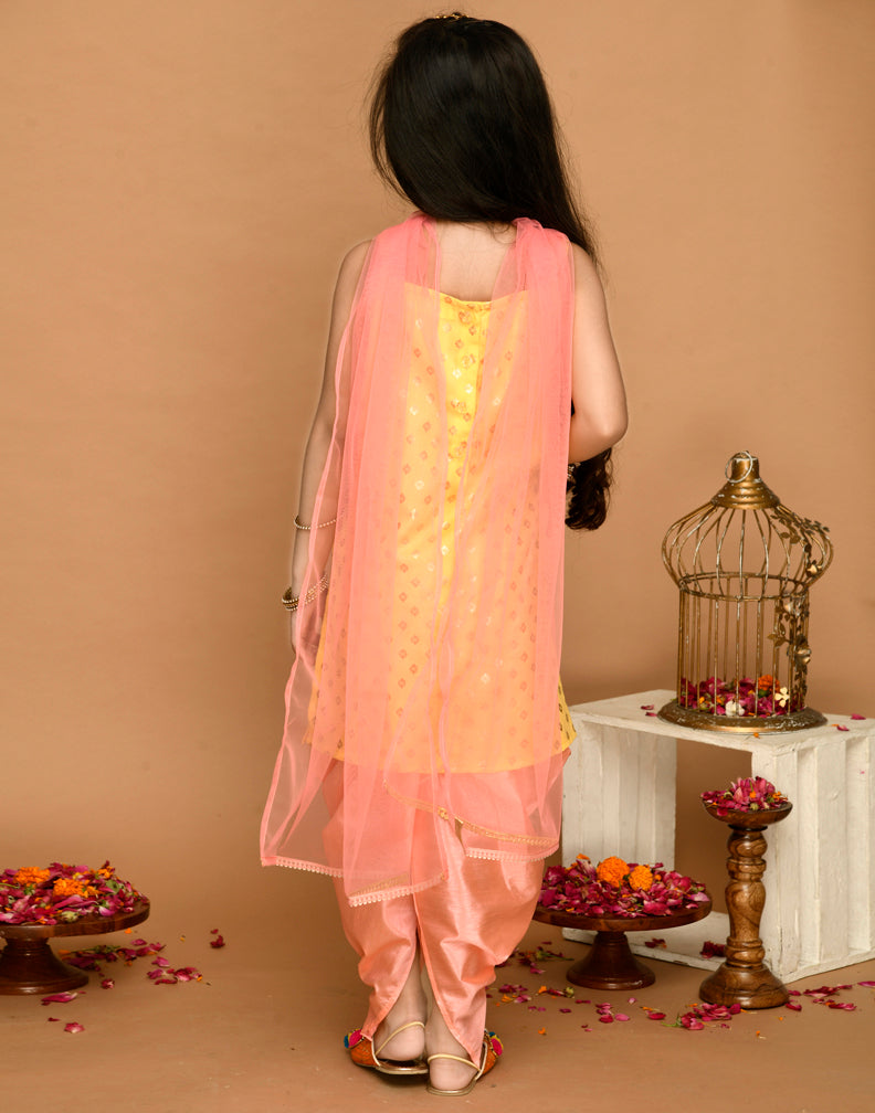 Saka Designs Yellow & Neon Pink Kurta Dhoti With Lace Work & Mesh Dupatta