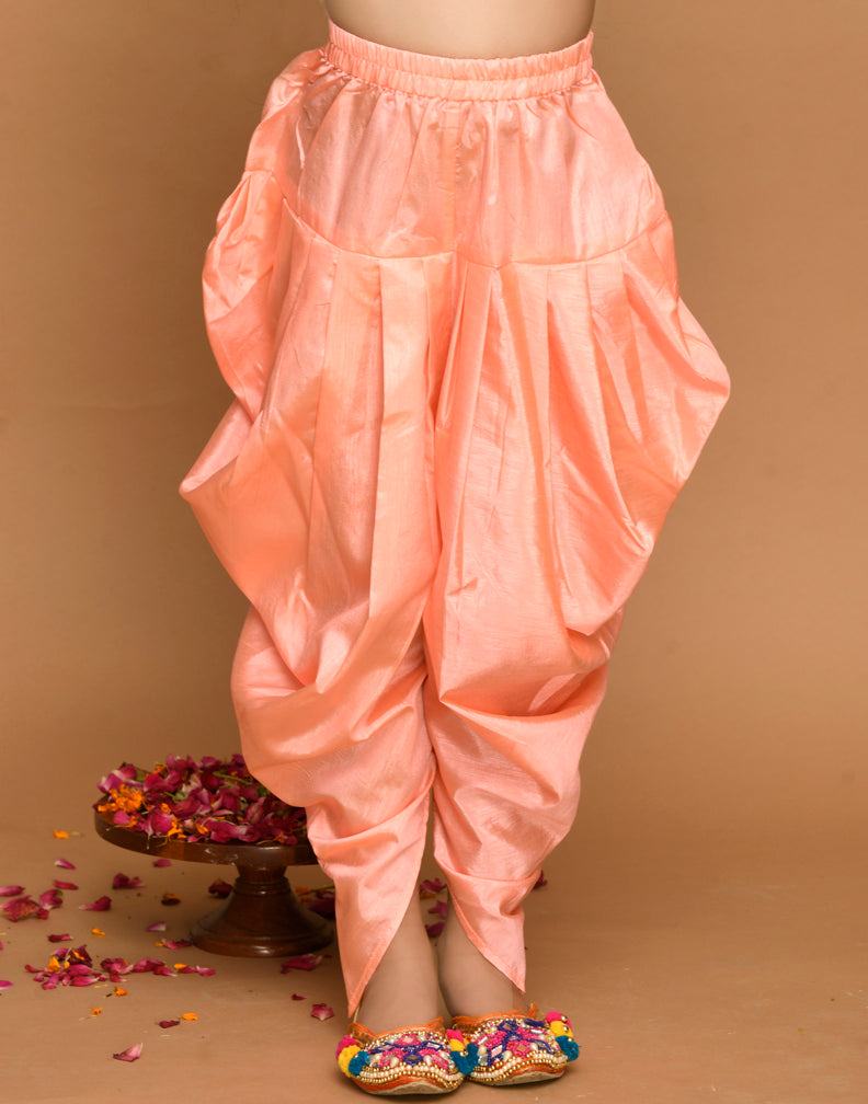 Saka Designs Yellow & Neon Pink Kurta Dhoti With Lace Work & Mesh Dupatta