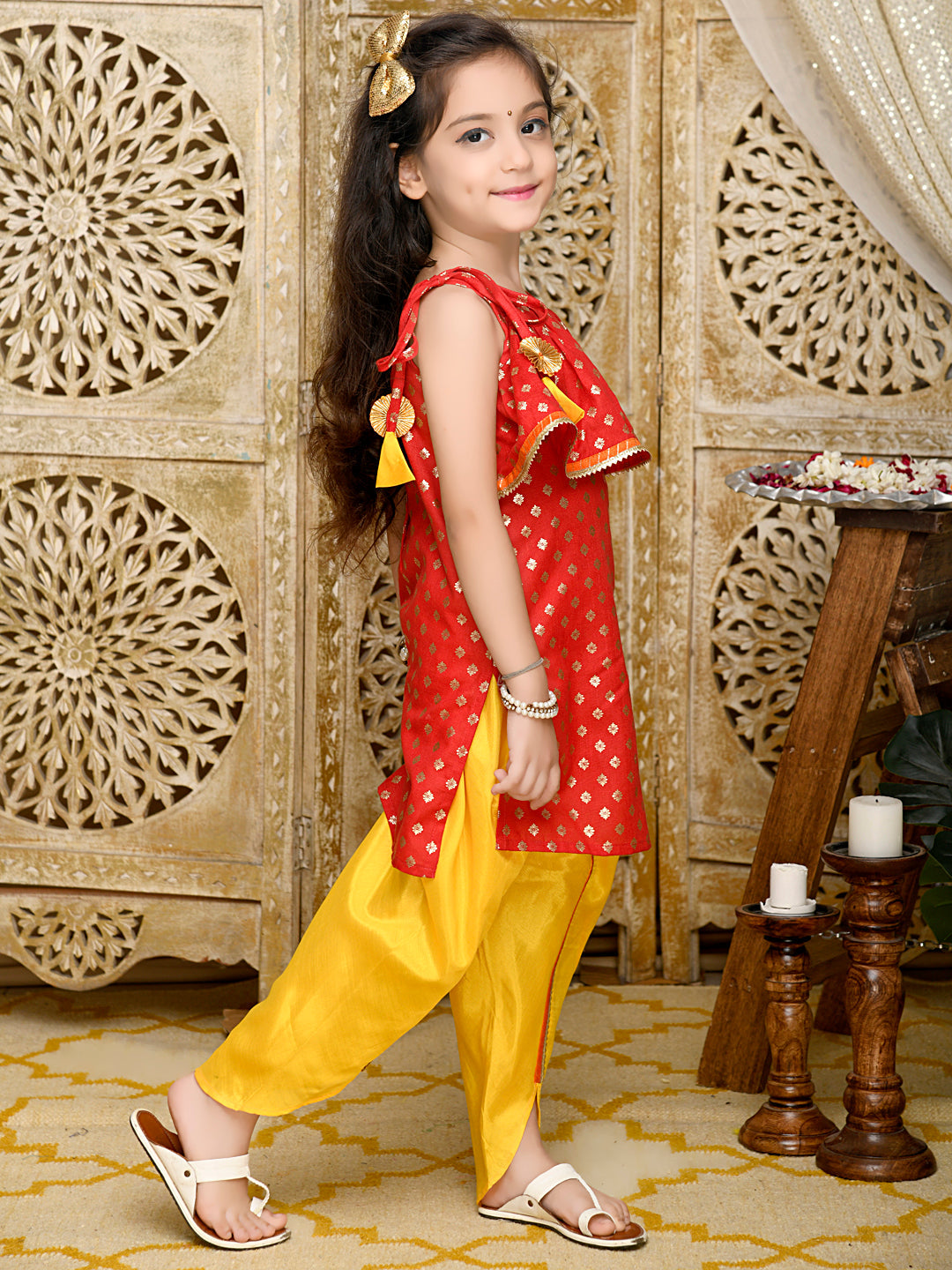 Saka Designs Red With All Over Gold Print Kurta & Yellow Dhoti Set