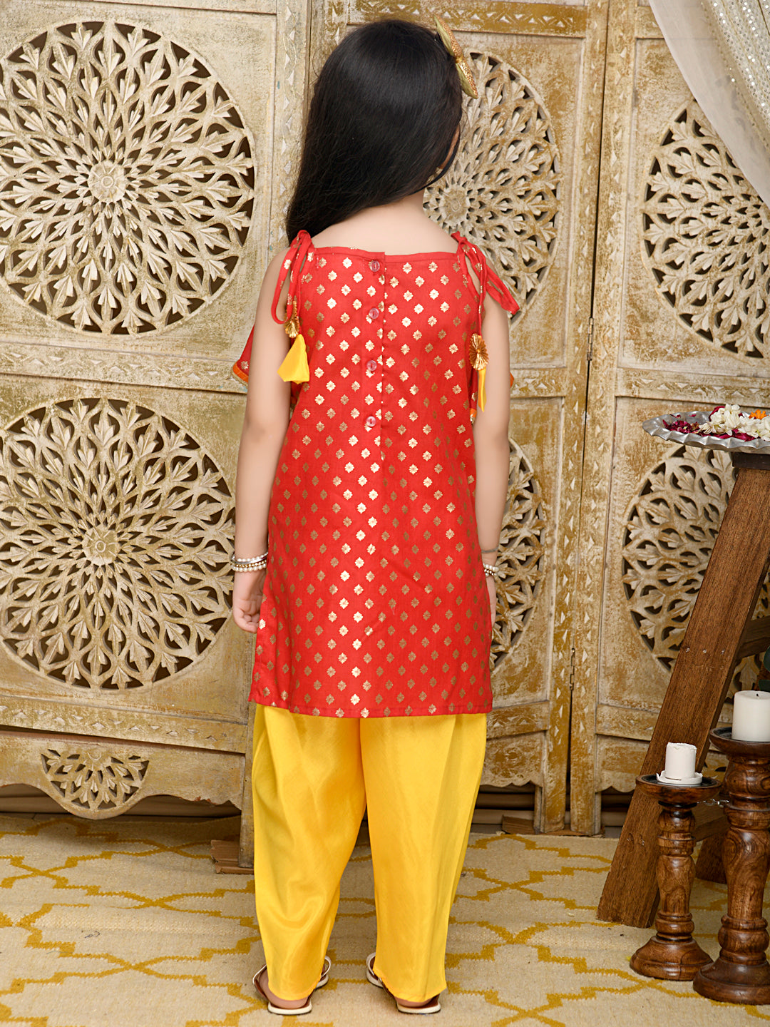 Saka Designs Red With All Over Gold Print Kurta & Yellow Dhoti Set