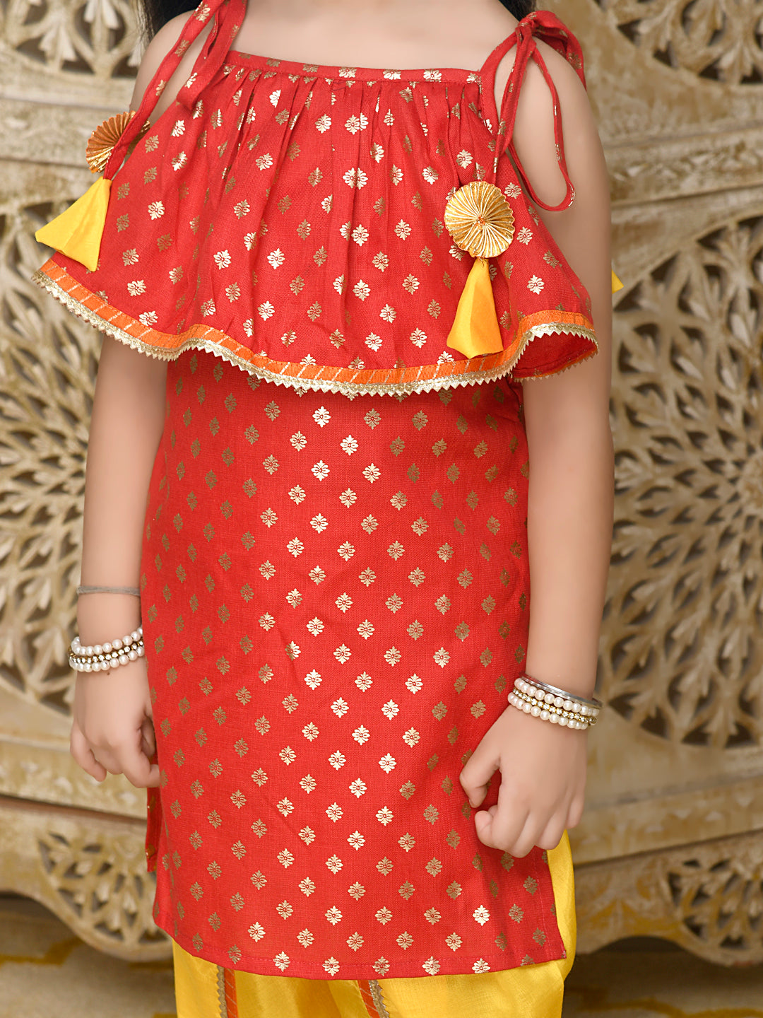 Saka Designs Red With All Over Gold Print Kurta & Yellow Dhoti Set
