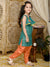 Saka Designs Teal Green Kurta With Orange Dhoti Having All Over Gold Print
