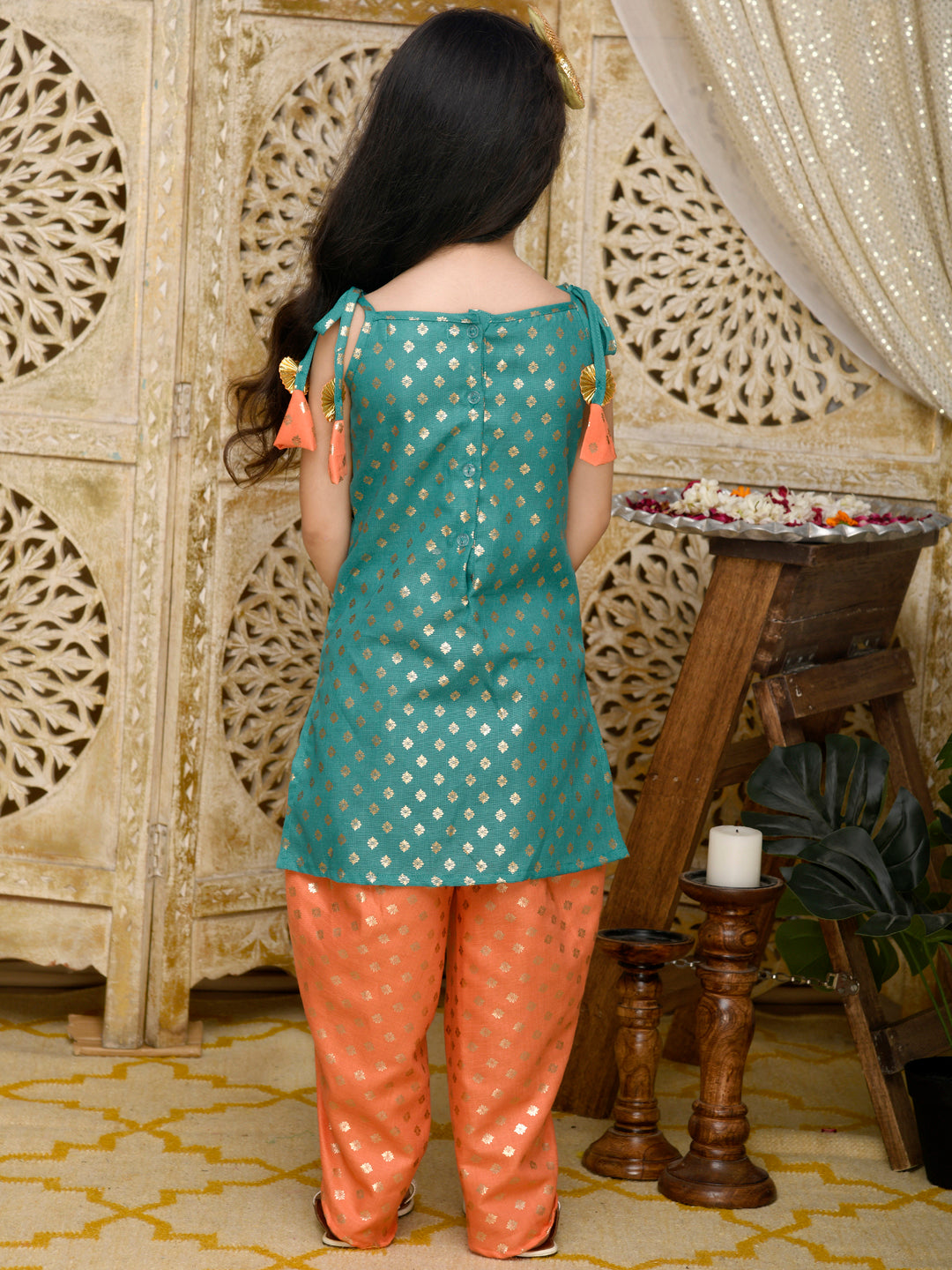 Saka Designs Teal Green Kurta With Orange Dhoti Having All Over Gold Print