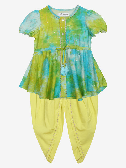 Saka Designs Green Blue Poly Ch&eri Peplum With Lime Yellow Cotton Dhoti Set