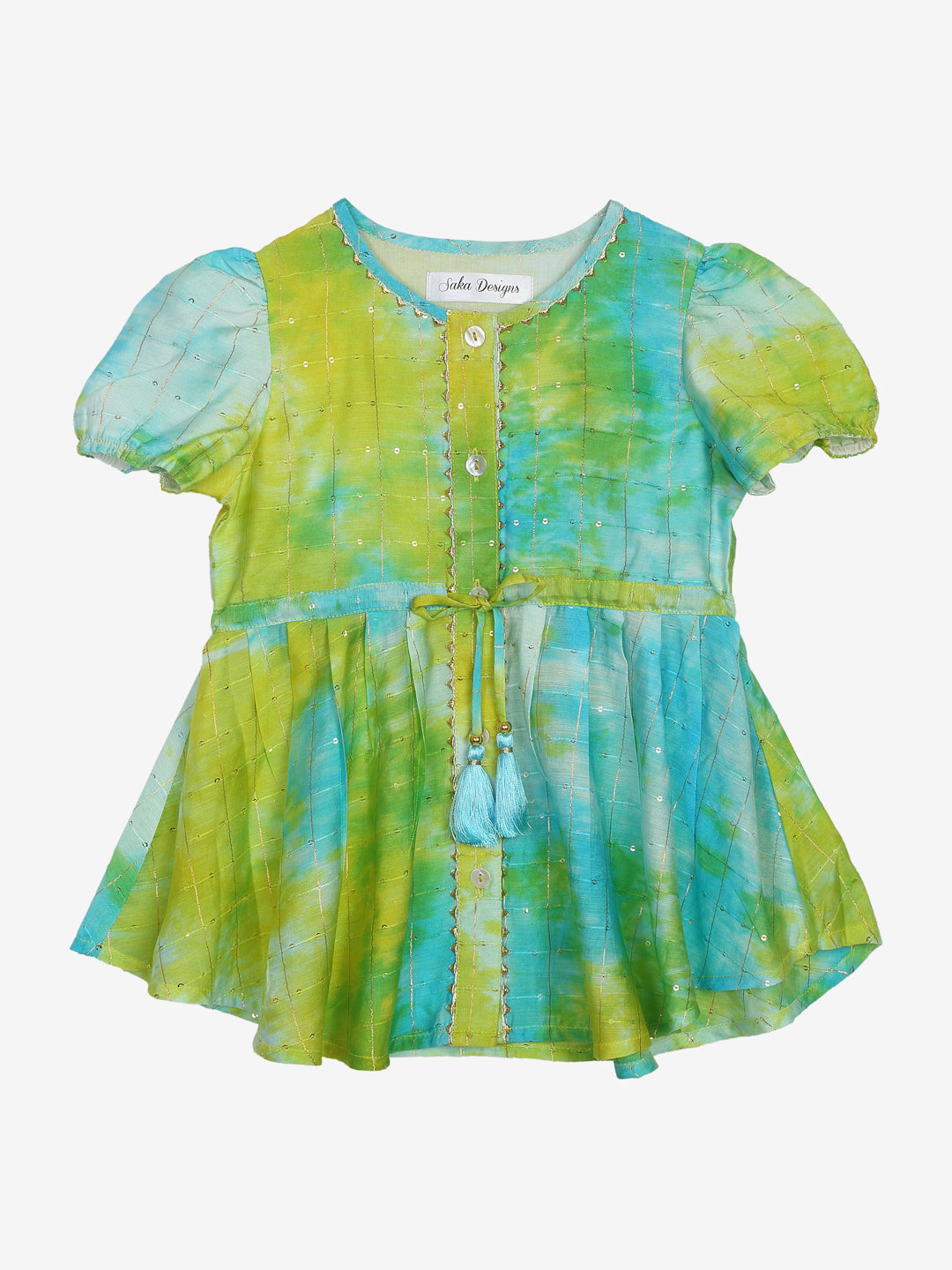 Saka Designs Green Blue Poly Ch&eri Peplum With Lime Yellow Cotton Dhoti Set