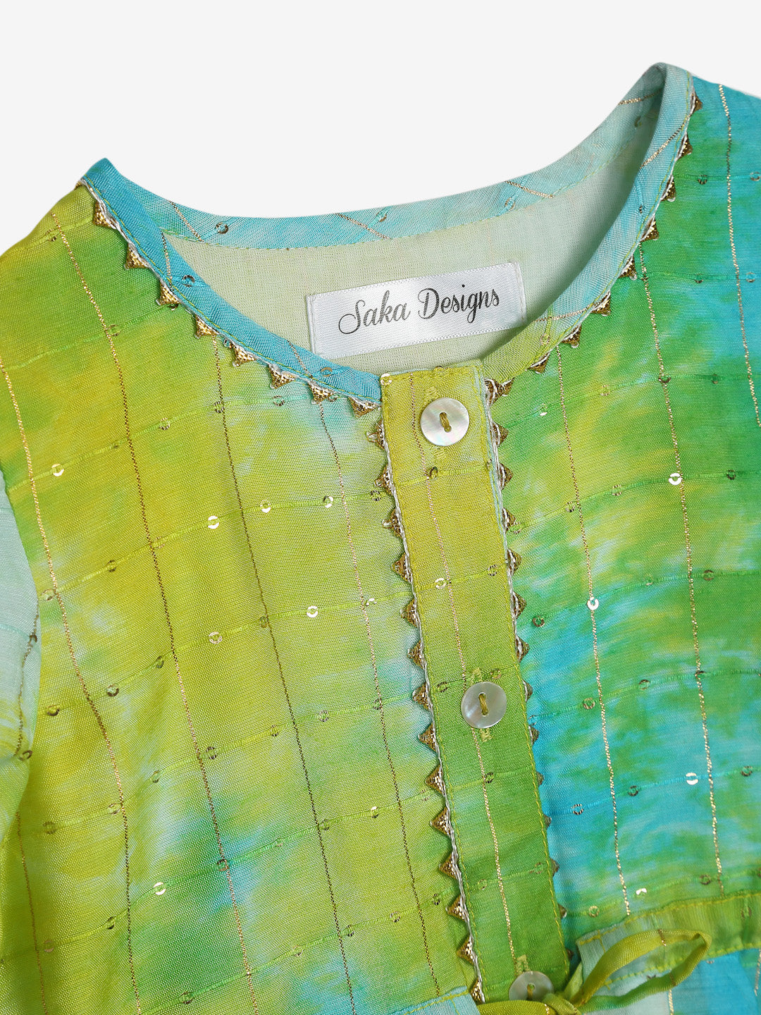 Saka Designs Green Blue Poly Ch&eri Peplum With Lime Yellow Cotton Dhoti Set