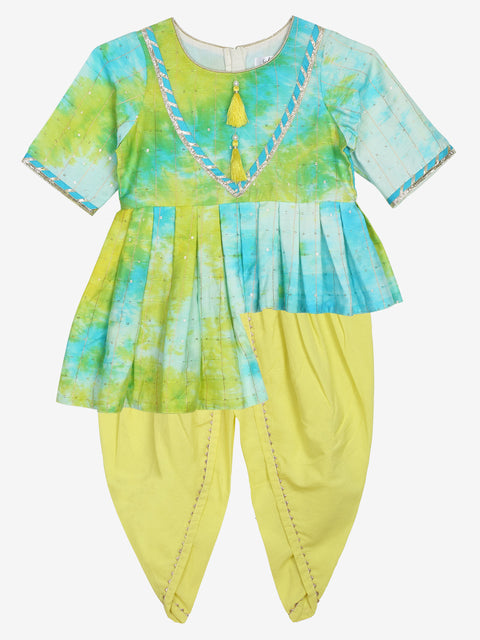 Saka Designs Green Blue Poly Ch&eri Designer Peplum With Lime Yellow Cotton Dhoti Set