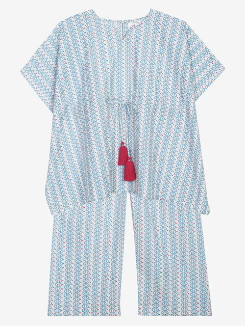 Saka Designs Pastel Blue Cotton Printed With Tassels Kaftan Set For Girls