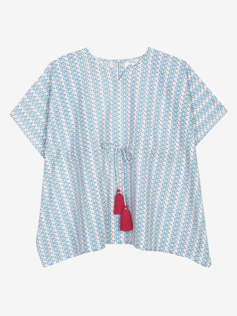 Saka Designs Pastel Blue Cotton Printed With Tassels Kaftan Set For Girls