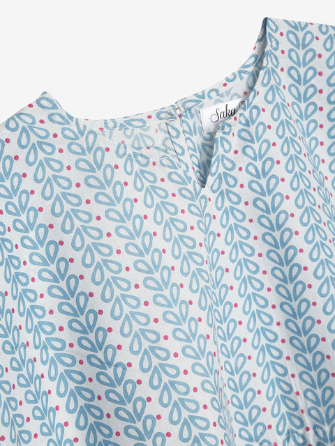 Saka Designs Pastel Blue Cotton Printed With Tassels Kaftan Set For Girls