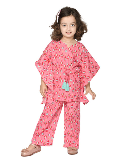 Saka Designs Pink & Blue Cotton Printed With Tassels Kaftan Set For Girls