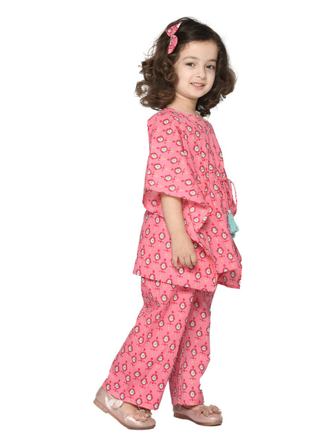 Saka Designs Pink & Blue Cotton Printed With Tassels Kaftan Set For Girls