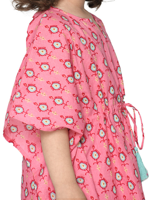 Saka Designs Pink & Blue Cotton Printed With Tassels Kaftan Set For Girls