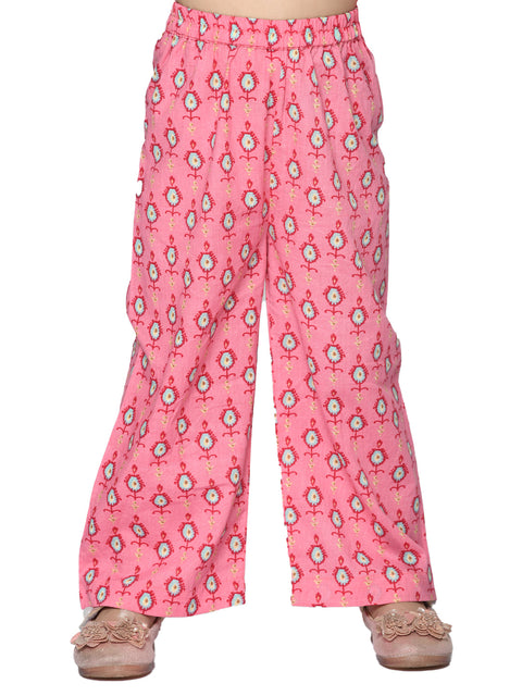 Saka Designs Pink & Blue Cotton Printed With Tassels Kaftan Set For Girls