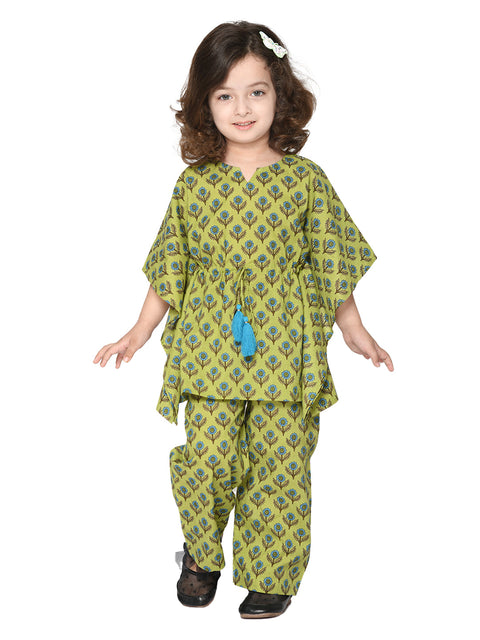 Saka Designs Green & Blue With Tassels Cotton Printed Kaftan Set For Girls