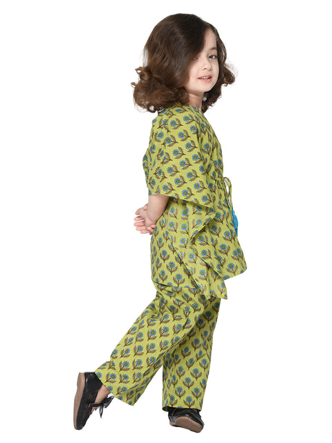 Saka Designs Green & Blue With Tassels Cotton Printed Kaftan Set For Girls