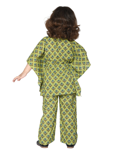 Saka Designs Green & Blue With Tassels Cotton Printed Kaftan Set For Girls