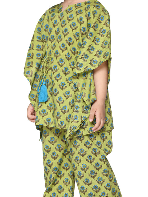 Saka Designs Green & Blue With Tassels Cotton Printed Kaftan Set For Girls