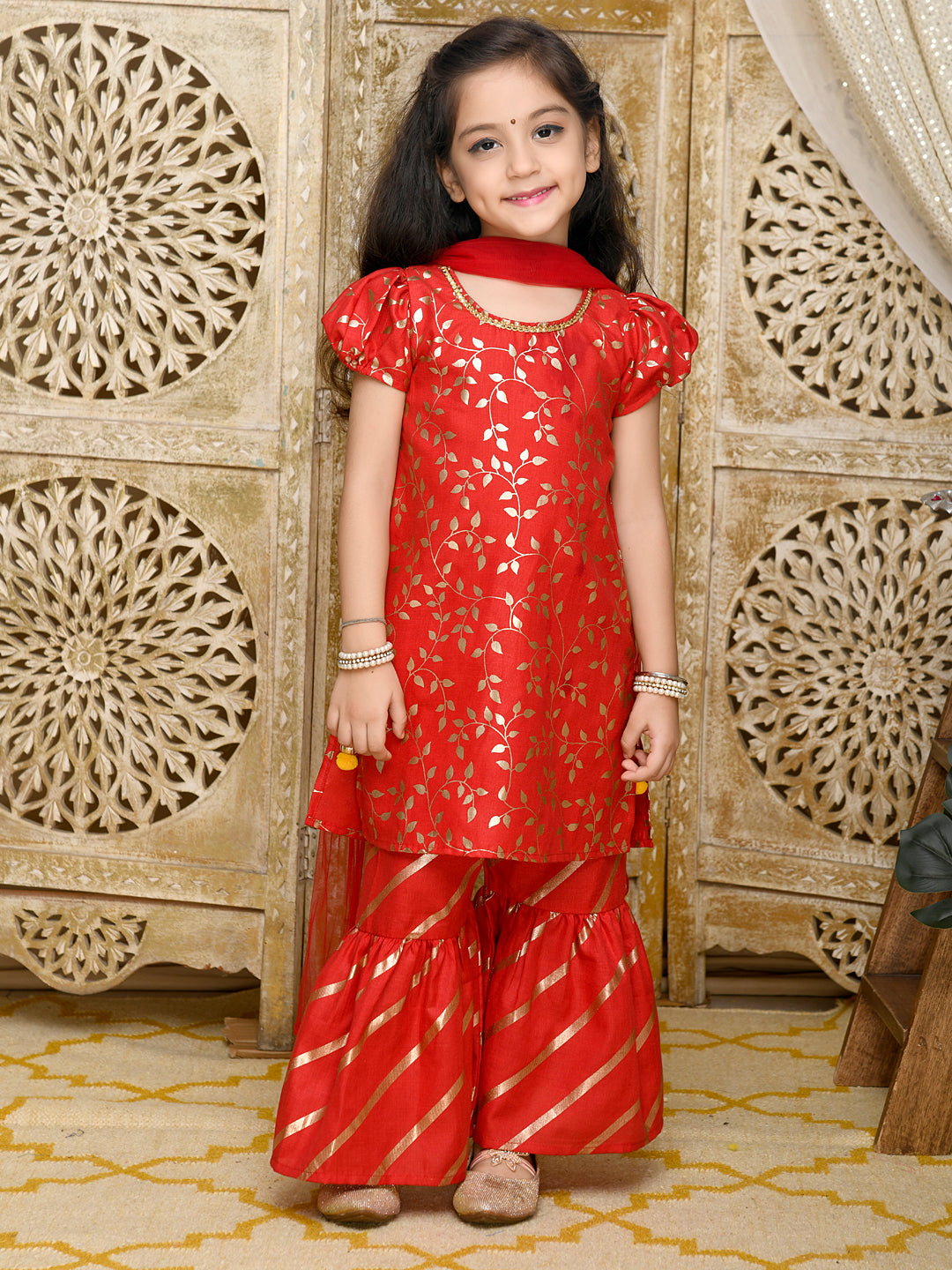 Saka Designs Red & Gold All Over Print Sharara & Kurta Set