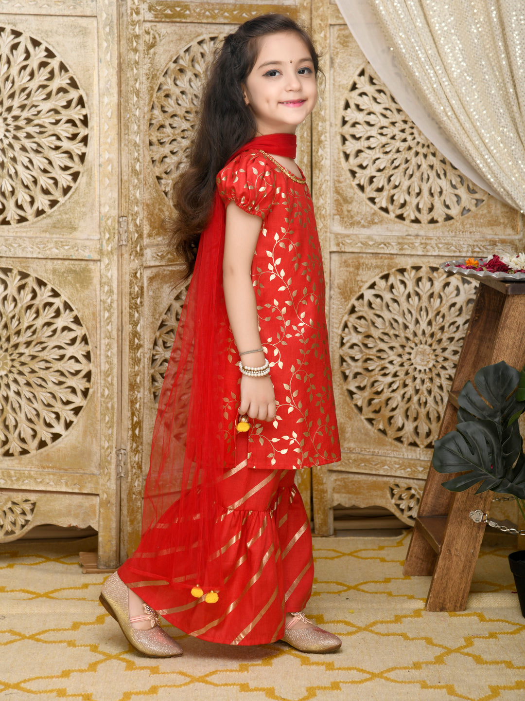 Saka Designs Red & Gold All Over Print Sharara & Kurta Set