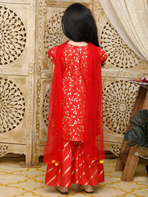 Saka Designs Red & Gold All Over Print Sharara & Kurta Set