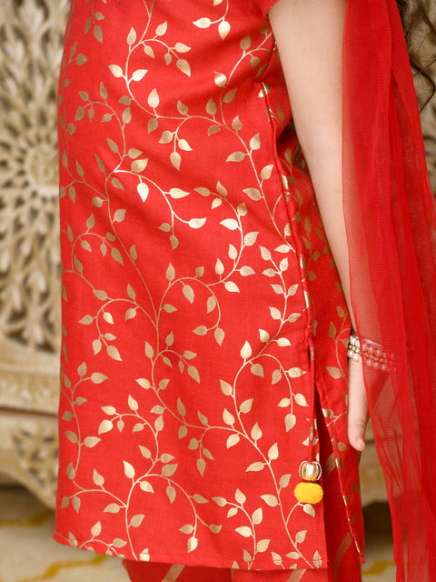 Saka Designs Red & Gold All Over Print Sharara & Kurta Set