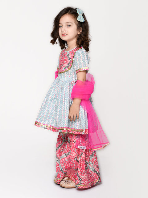 Saka Designs Magenta & Blue Elegant Cotton Printed Sharara Peplum Top For Girls