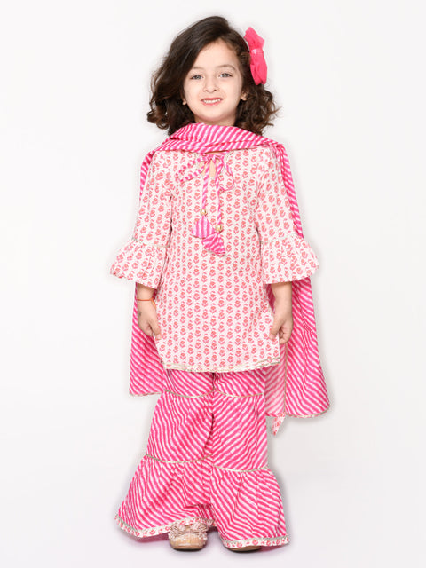 Saka Designs Pink & Magenta Lehriya Sharara Kurta In Pure Cotton For Girls