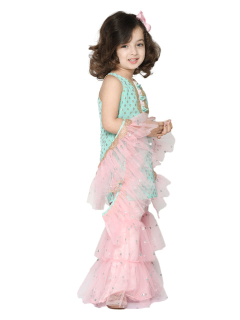 Saka Designs Sea Green & Baby Pink Sharara Kurta Set With Frilled Dupatta For Girls