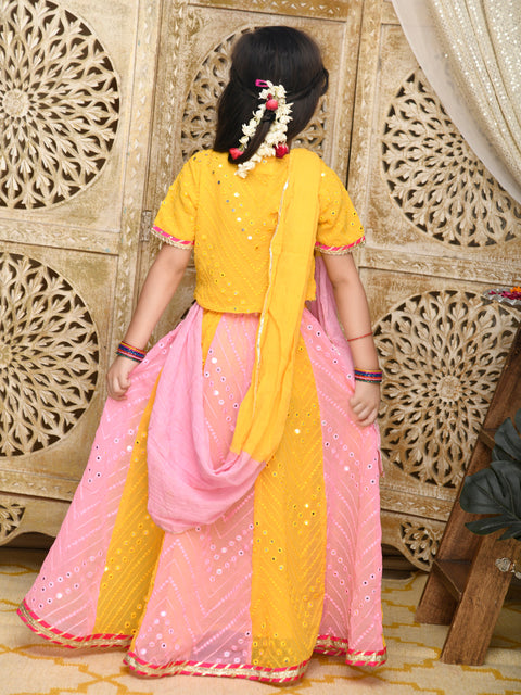 Saka Designs Yellow & Pink All Over Emberoidered Lehenga Choli With Tassels