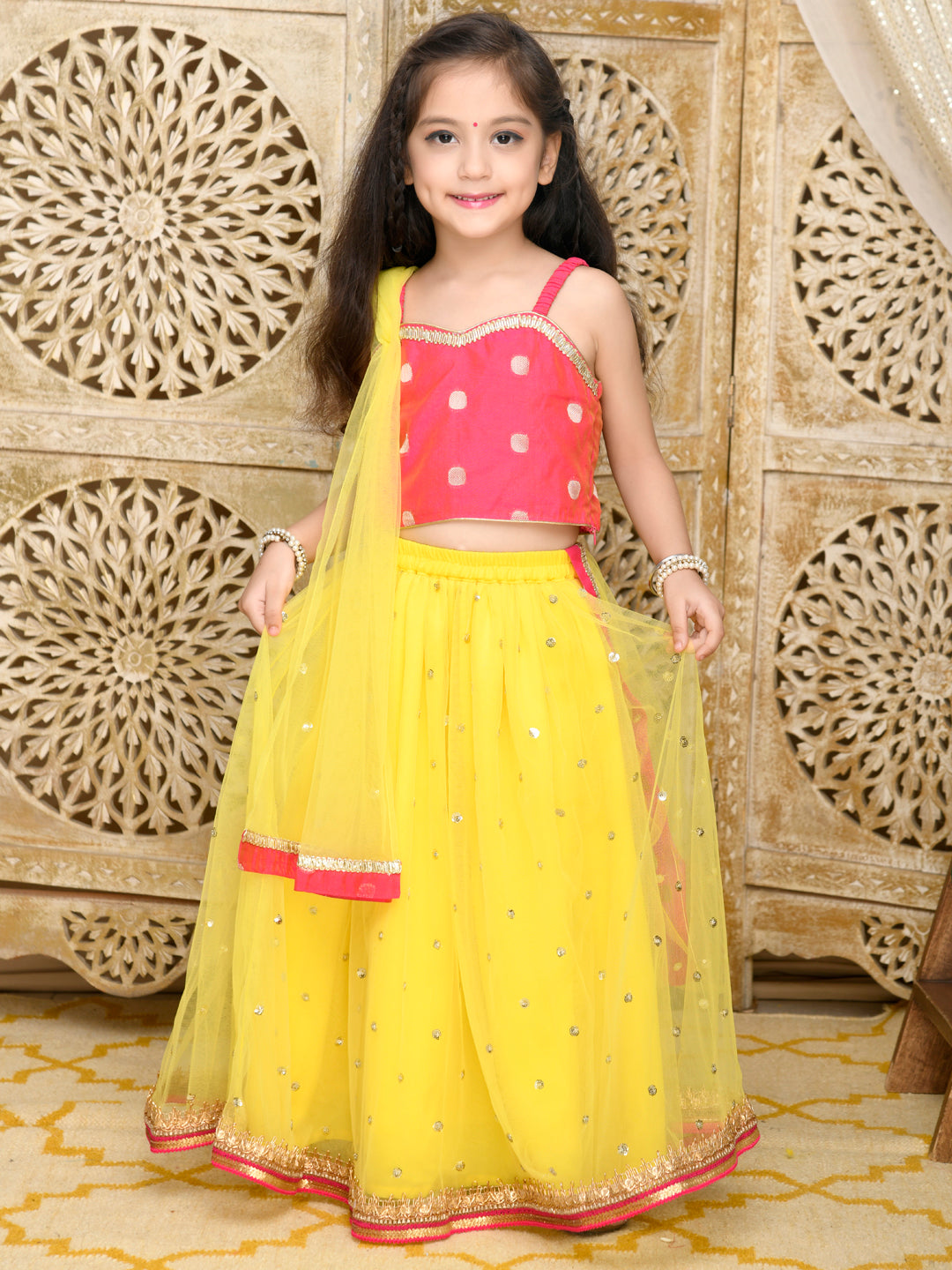 Lehenga With Choli & Dupatta - Magenta & Yellow