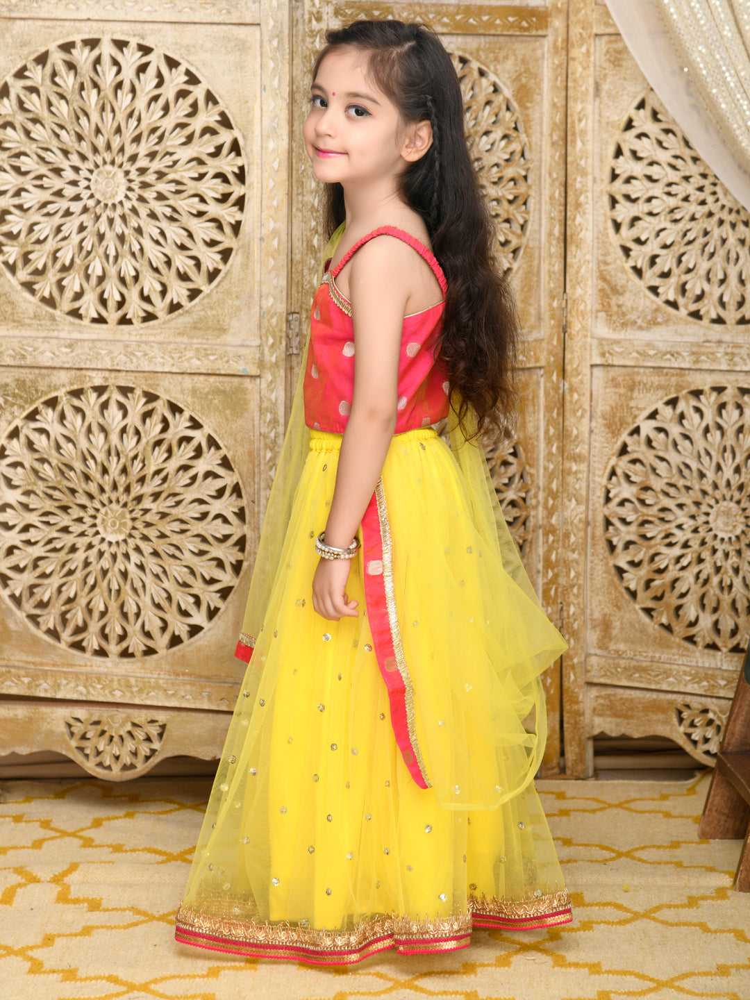 Lehenga With Choli & Dupatta - Magenta & Yellow